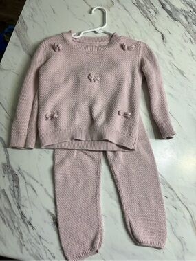 Cozy Pinkish Purple Knit Sweater & Pants Set with bows worn